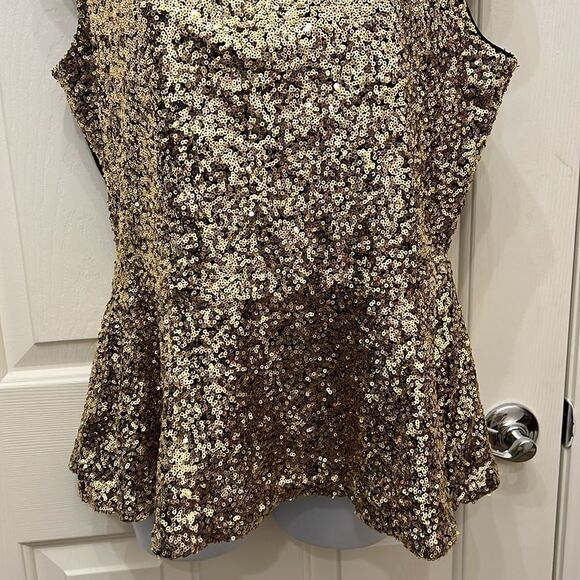 Gianni Bini Peplum Top Woman’s Gold Sequins Sheer Scoop Neck Sleeveless Large - Picture 5 of 12